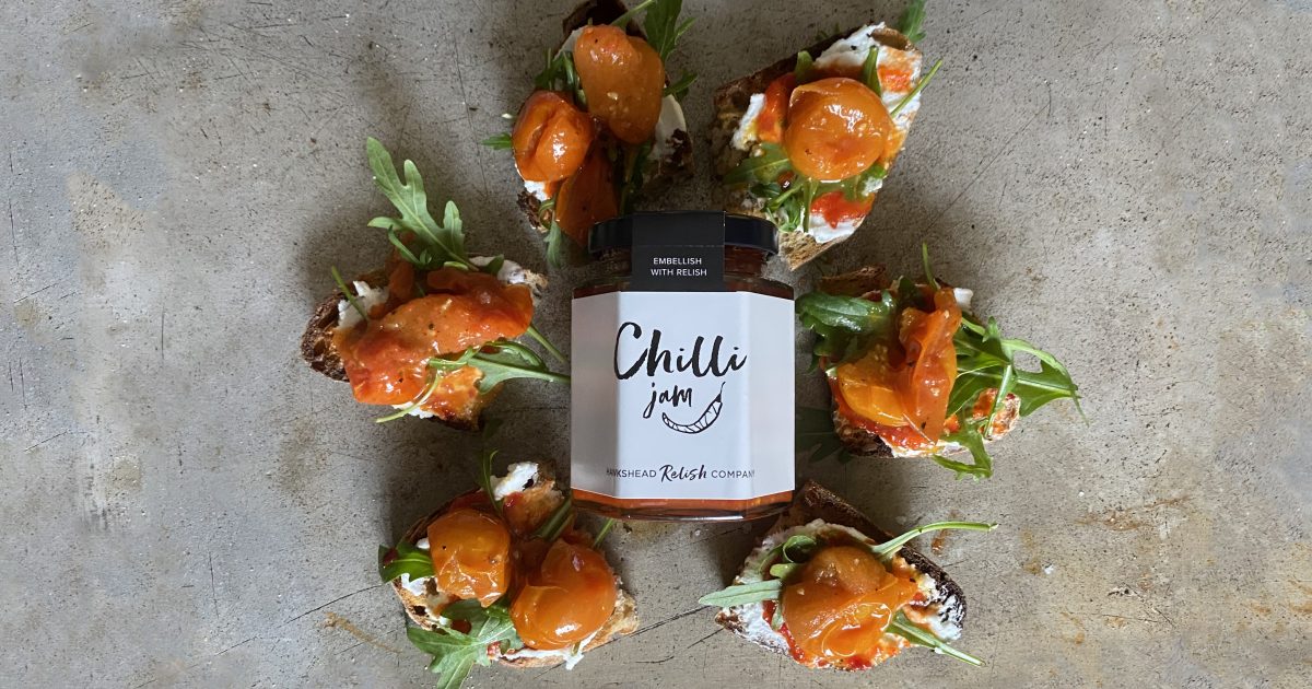 Tomato, Goats Cheese Spread & Chilli Jam Bruschetta Hawkshead Relish